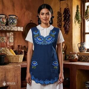 Blue Mexican Embroidered Smock Apron – Floral Traditional Design
